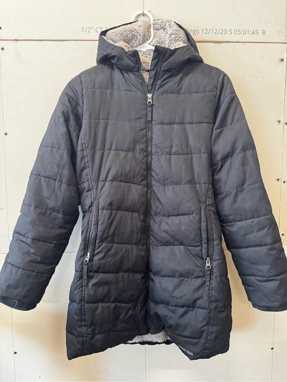 Lands' End Kids Black Hooded Puffer Coat with Sherpa Lining